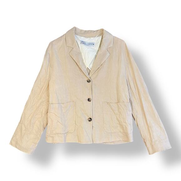Zara Linen Beige Buttoned Blazer Womens Size M Business Preppy - Picture 1 of 9